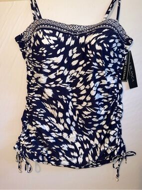 La Blanca Navy & White Printed Tankini Top with Adjustable Straps NWT size 14